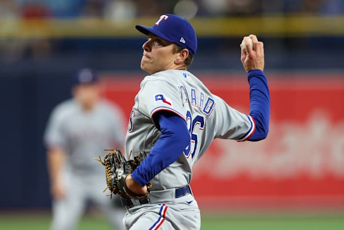 Texas Rangers starting pitcher Spencer Howard (36) throws a pitch against the Tampa Bay Rays in the sixth inning at Tropicana Field. (2023)
